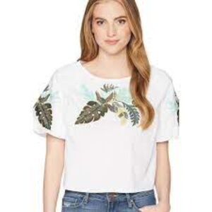 Romeo & Juliet Couture Green Tropical Floral Embroidered Puff Crop Top P6470